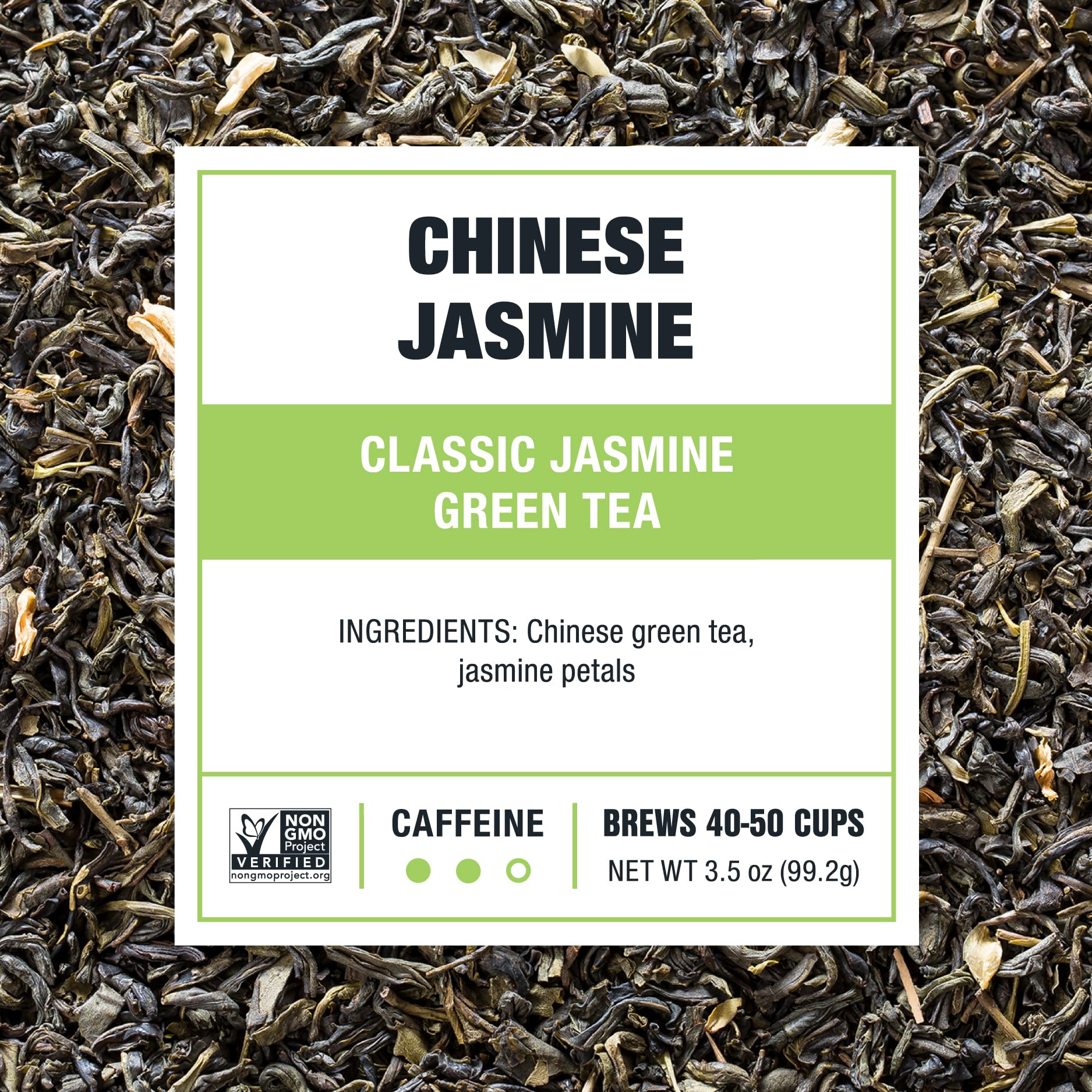 Tiesta Tea Premium loose leaf blend highlights vibrant green leaves.