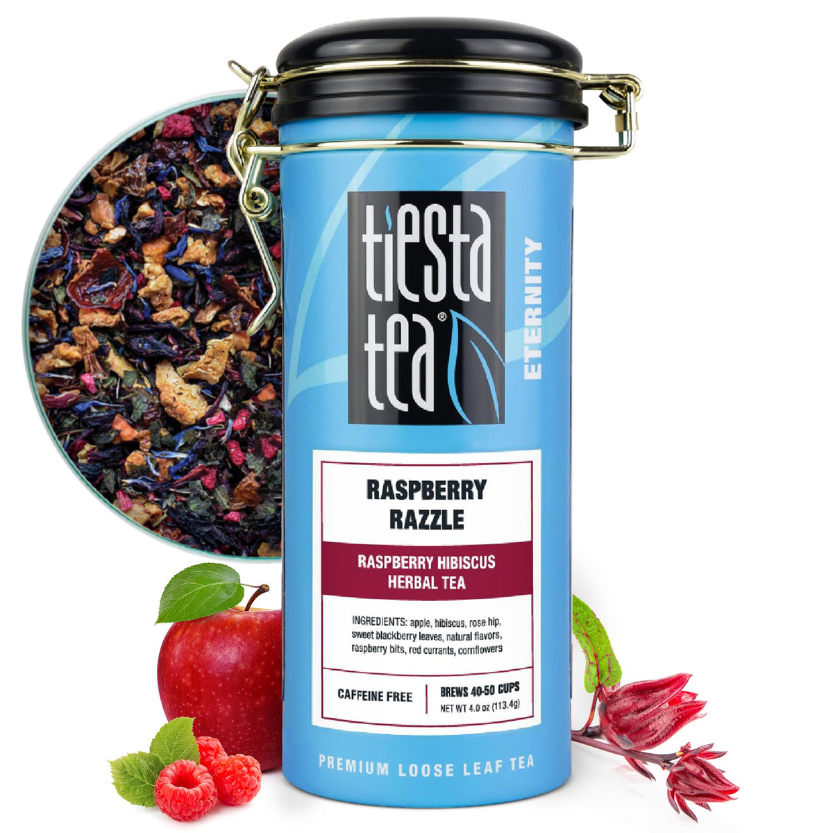 Tiesta Tea raspberry-razzle-tea-tin shows the fruity herbal blend for on-the-go flavor.