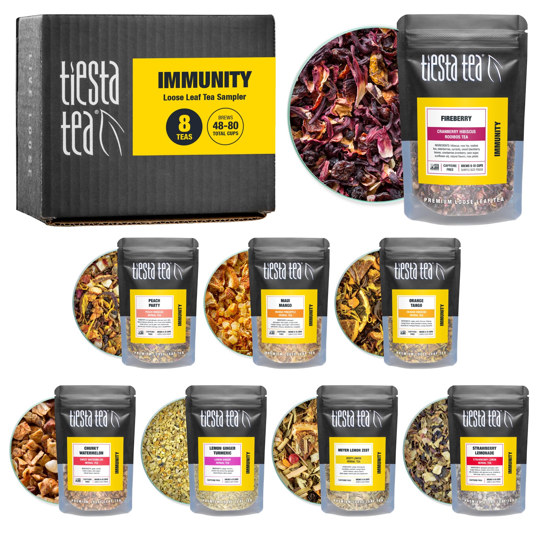 Tiesta Tea sampler eight blends front view showcases variety for hot or iced brews