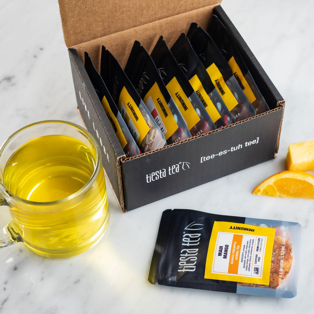 Tiesta Tea Fireberry tea in cup evokes berry-forward warmth