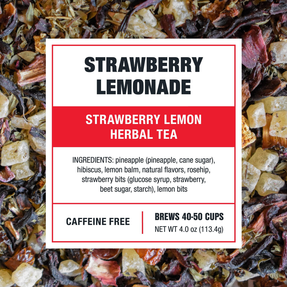Tiesta Tea Strawberry Lemonade brewed cup, warm citrus notes for cozy hot-brew moments.