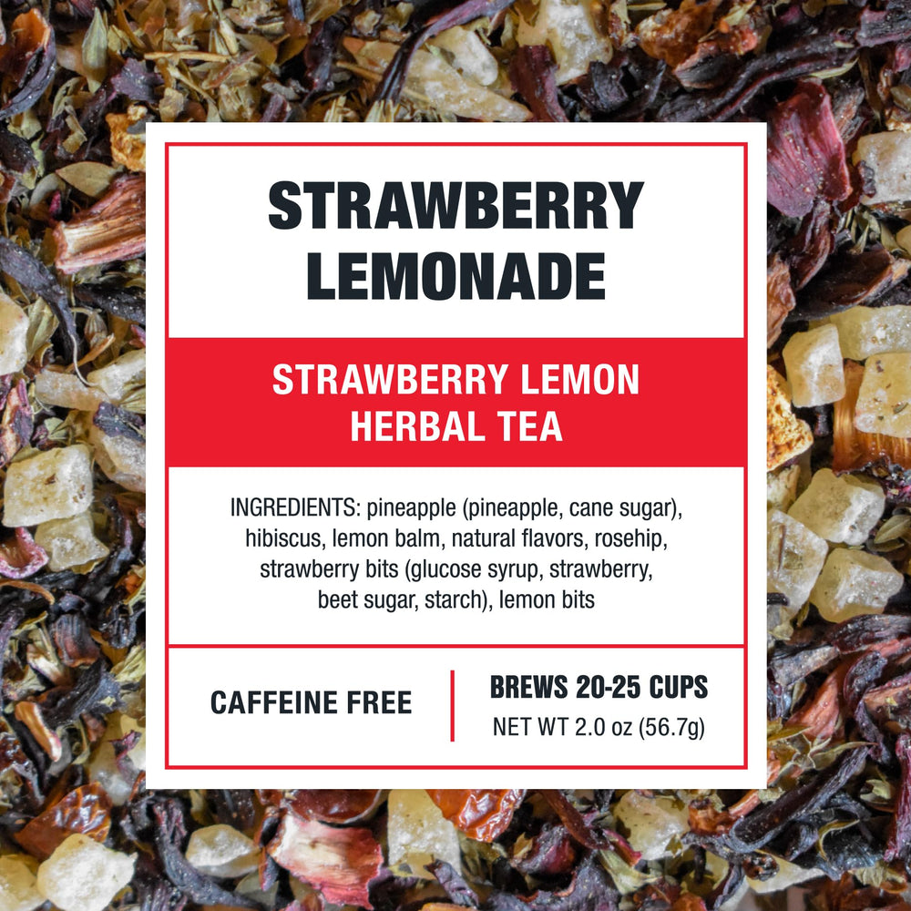 Tiesta Tea Strawberry Lemonade hot cup shows caffeine-free comfort.