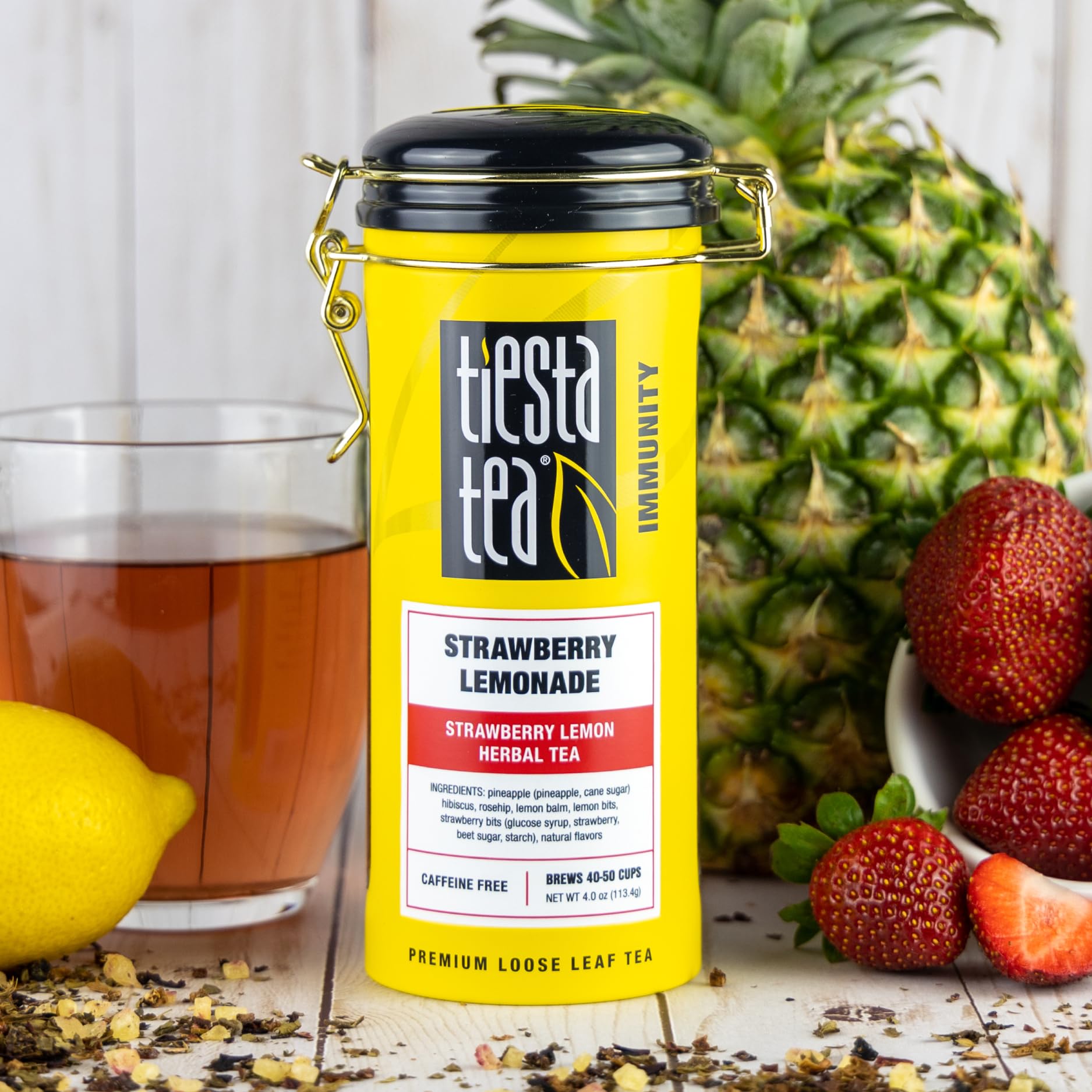 Tiesta Tea Strawberry Lemonade reusable tin, stylish storage keeps tea fresh for 40-50 cups.