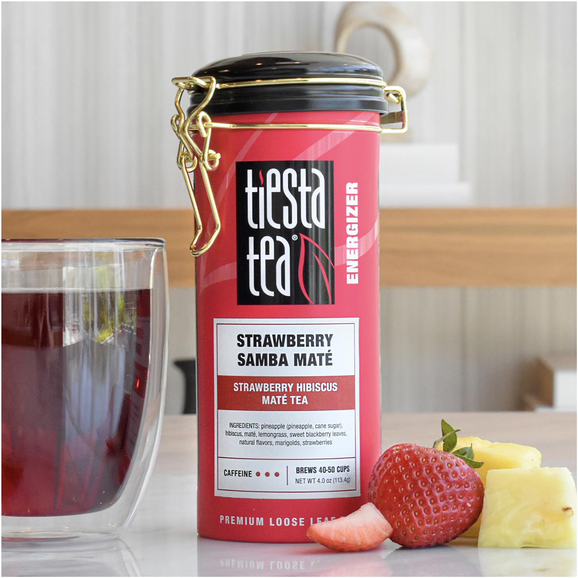 Tiesta Tea Strawberry Samba Mate ingredients close-up: hibiscus and strawberries.
