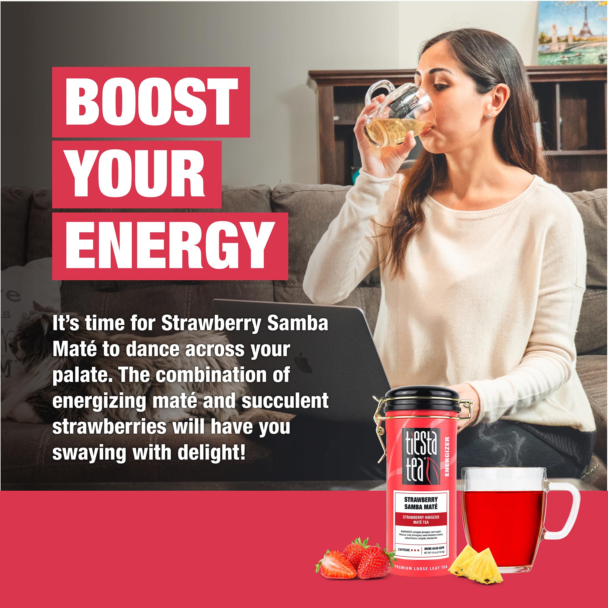 Tiesta Tea Strawberry Samba Mate steeped cup fills kitchen with berry aroma.