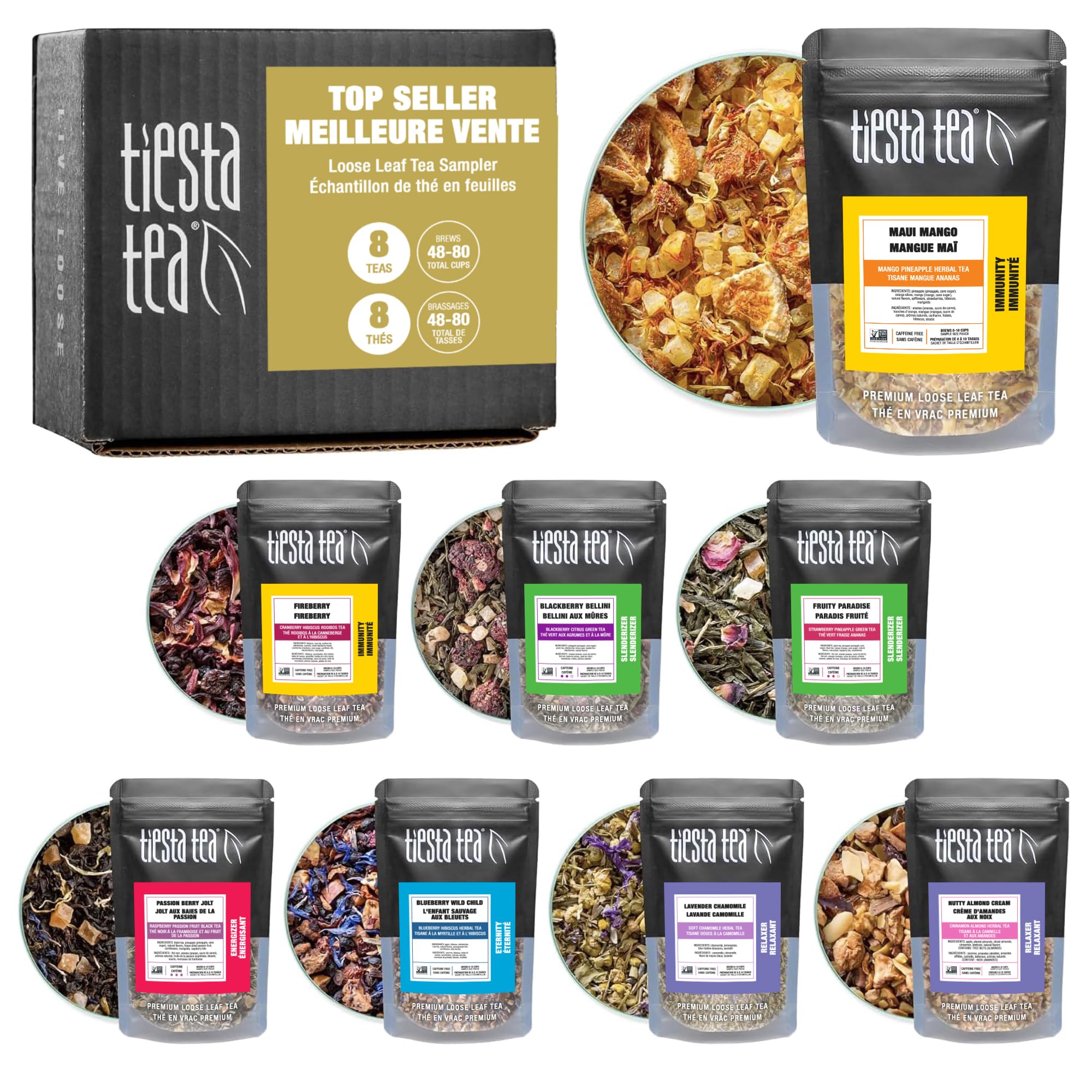 Tiesta Tea Top 8 Favorites Sampler pouches ready for varied hot or iced brews