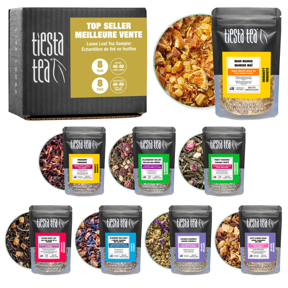 Tiesta Tea Top 8 Favorites Sampler pouches ready for varied hot or iced brews