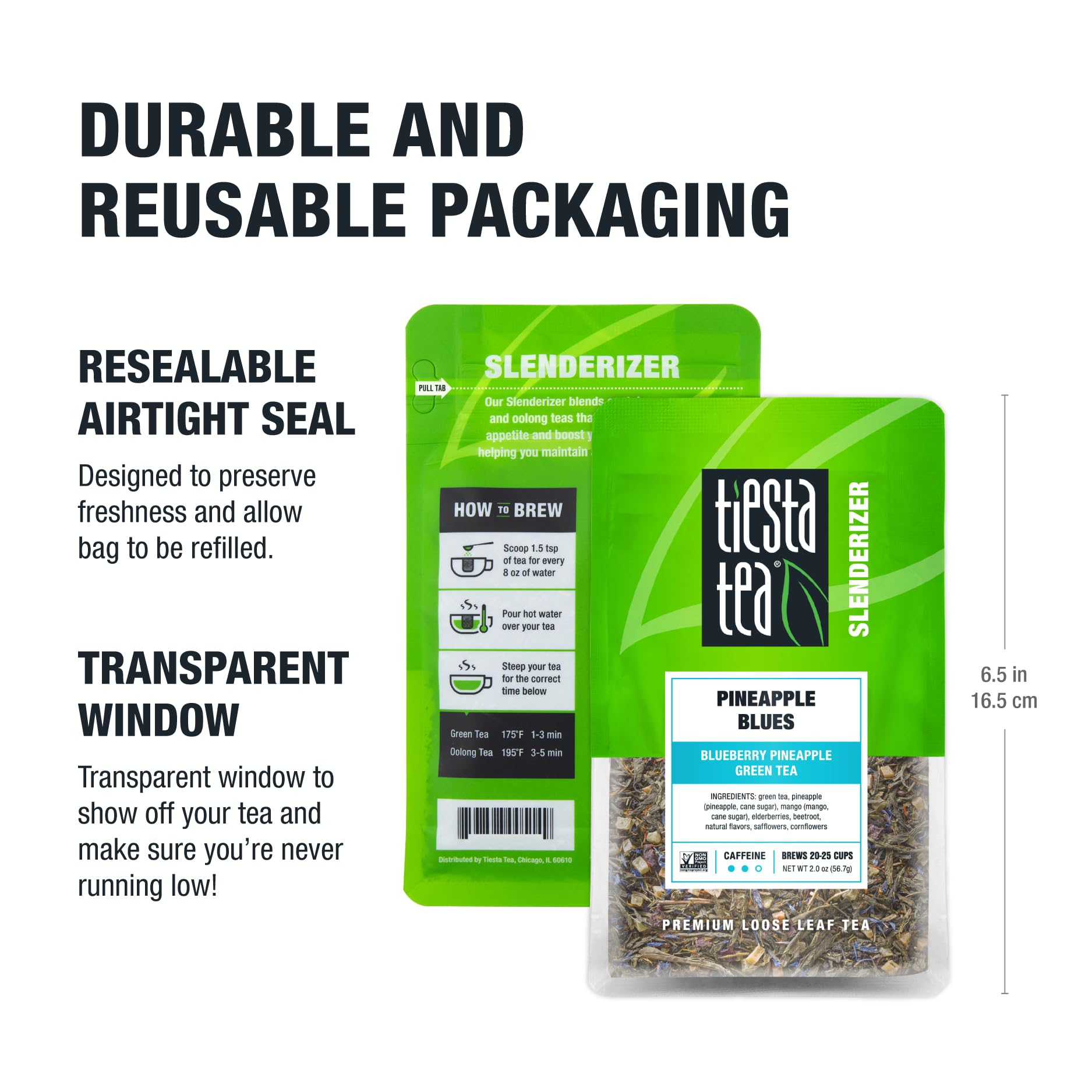 Tiesta Tea Two ounce resealable pouch keeps tea fresh