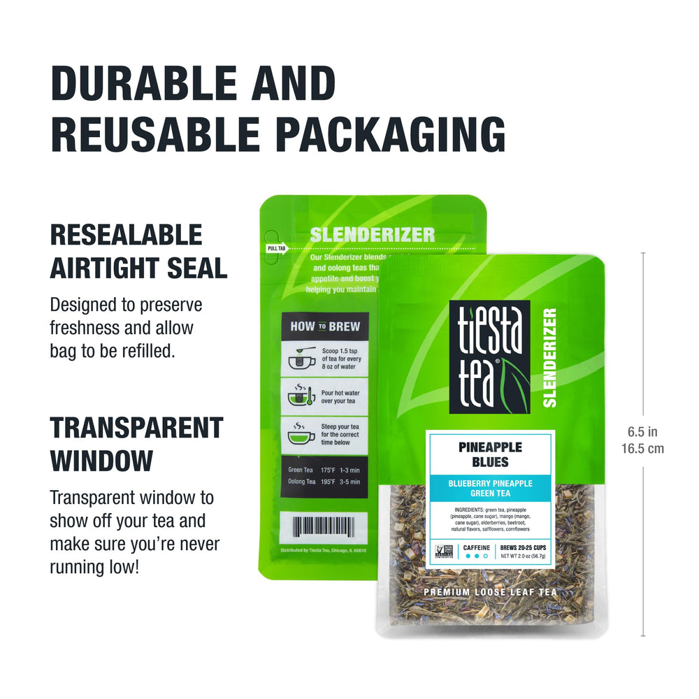 Tiesta Tea Two ounce resealable pouch keeps tea fresh