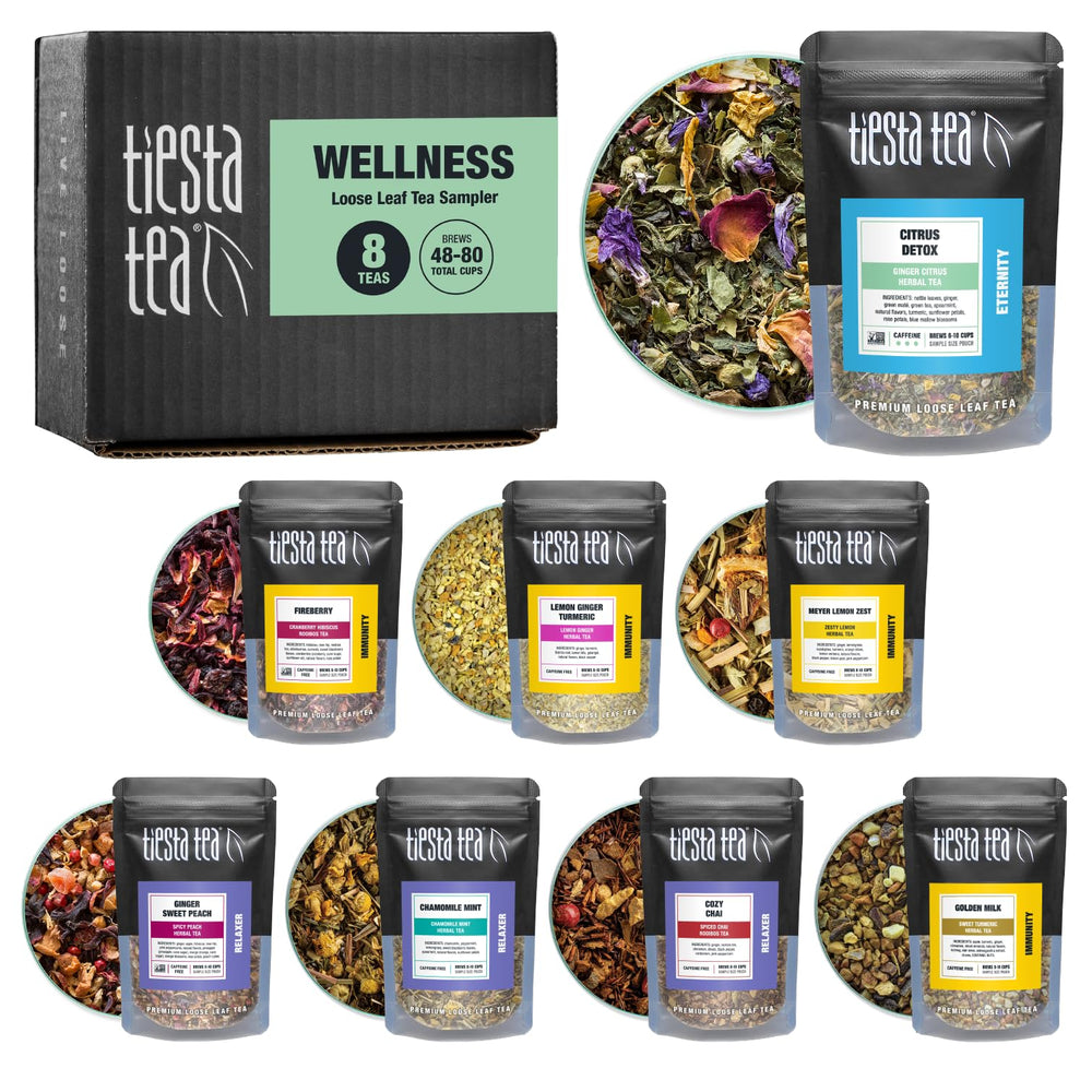 Tiesta Tea Wellness Sampler packaging displaying eight blends for hot or iced tea