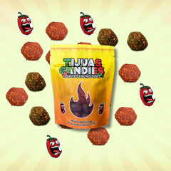 Tijuas Candies spicy chamoy gushers gummy closeup, juicy texture invites tasting.