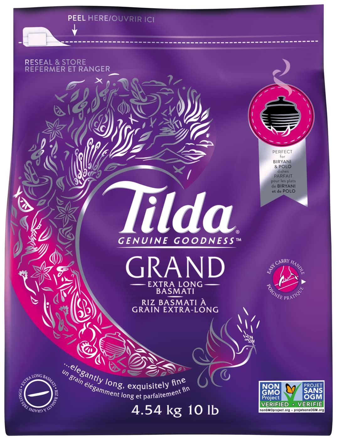 Tilda Grand Basmati Rice 10lb pack shot, ideal for fragrant pilafs and fluffy, non-sticky grains