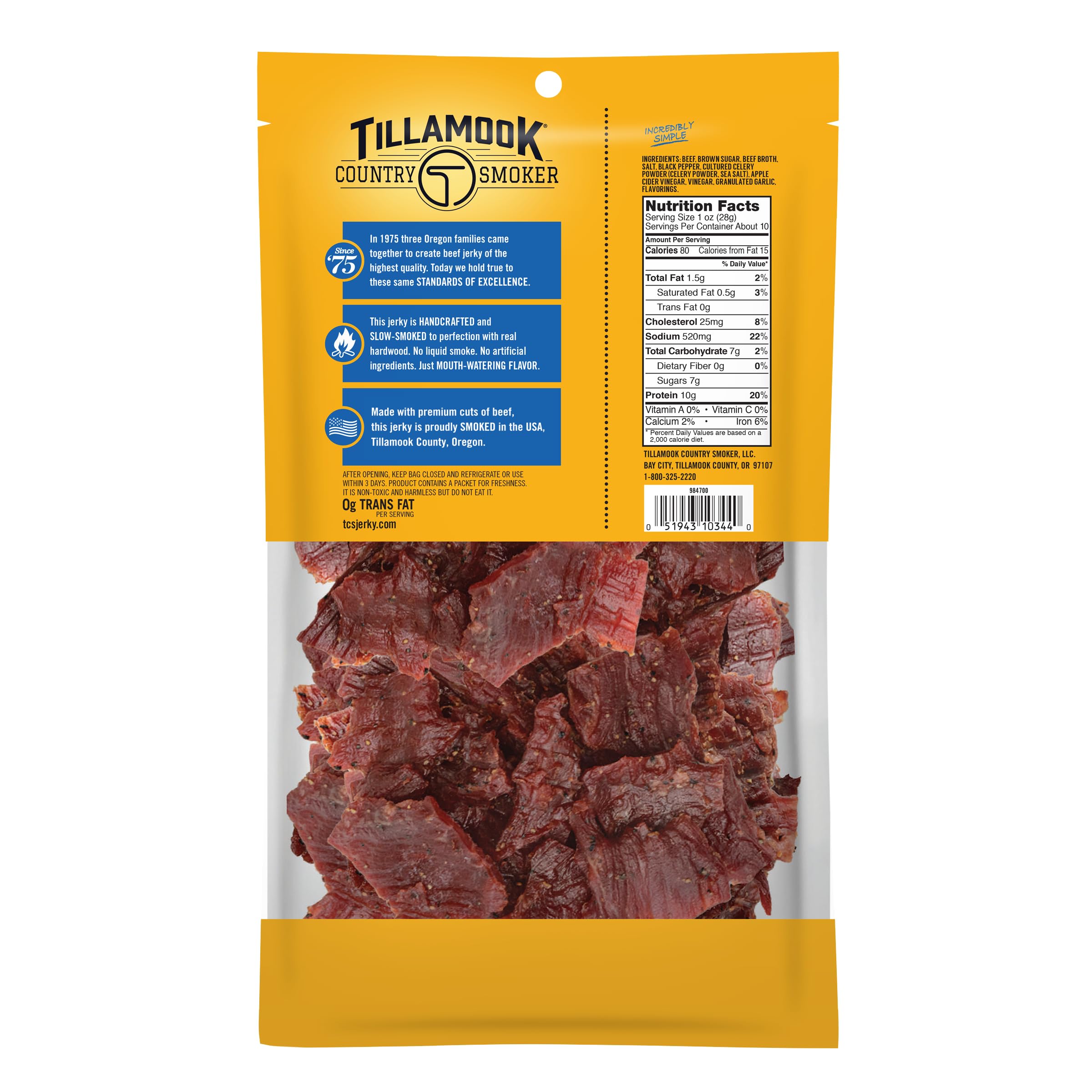 Tillamook beef jerky 10g protein per serving pack emphasizes a convenient protein boost