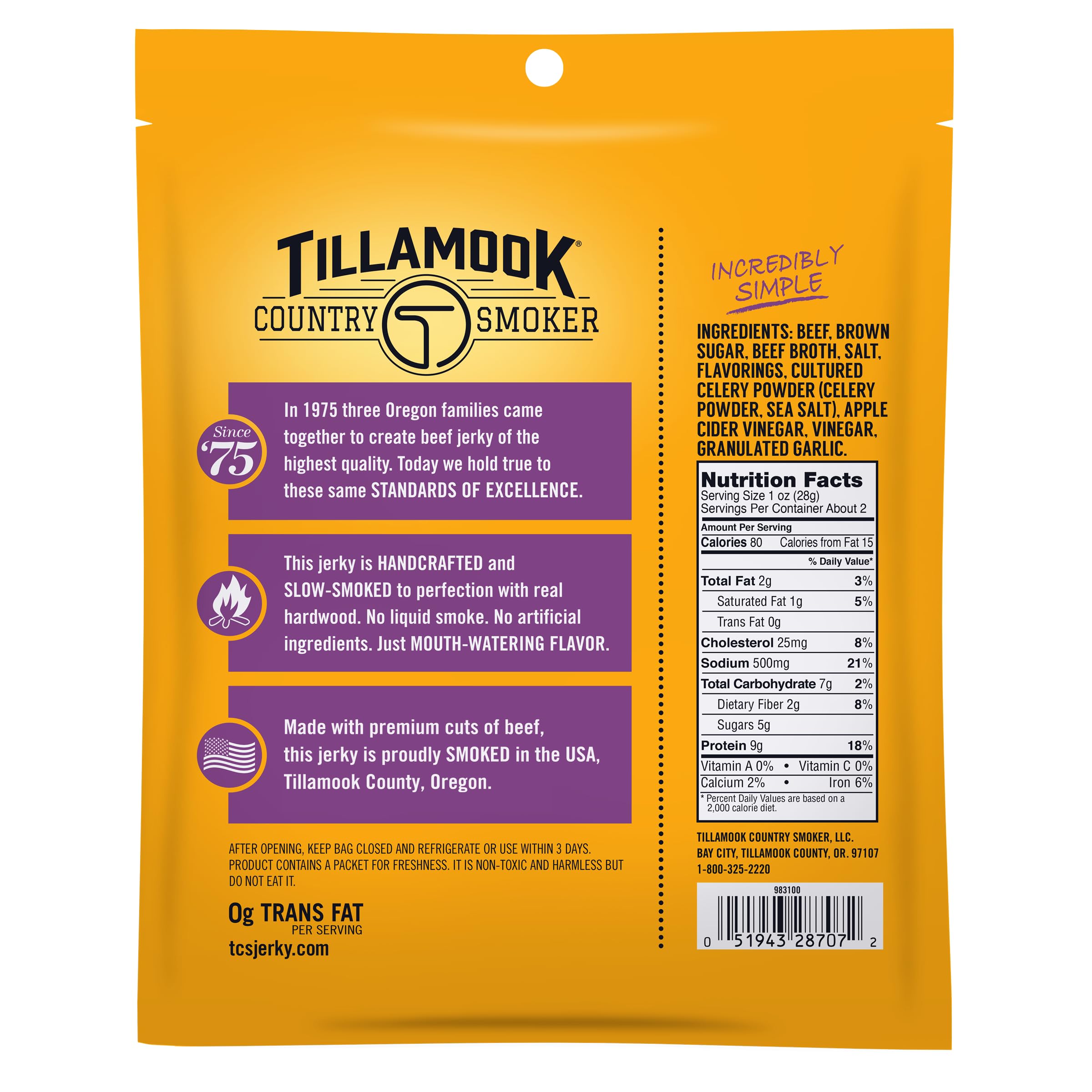 Closeup of tender jerky texture from Tillamook Country Smoker, hardwood smoked flavor.