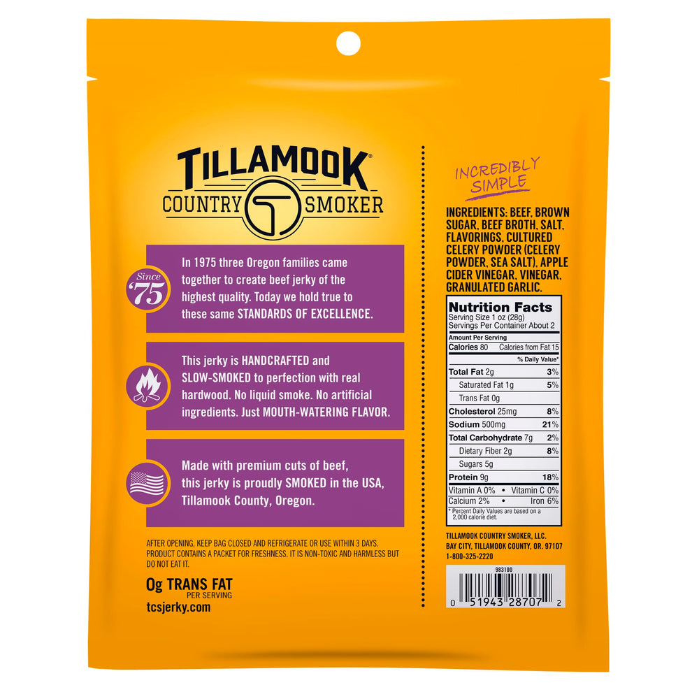 Closeup of tender jerky texture from Tillamook Country Smoker, hardwood smoked flavor.
