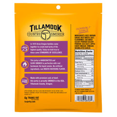 Closeup of tender jerky texture from Tillamook Country Smoker, hardwood smoked flavor.