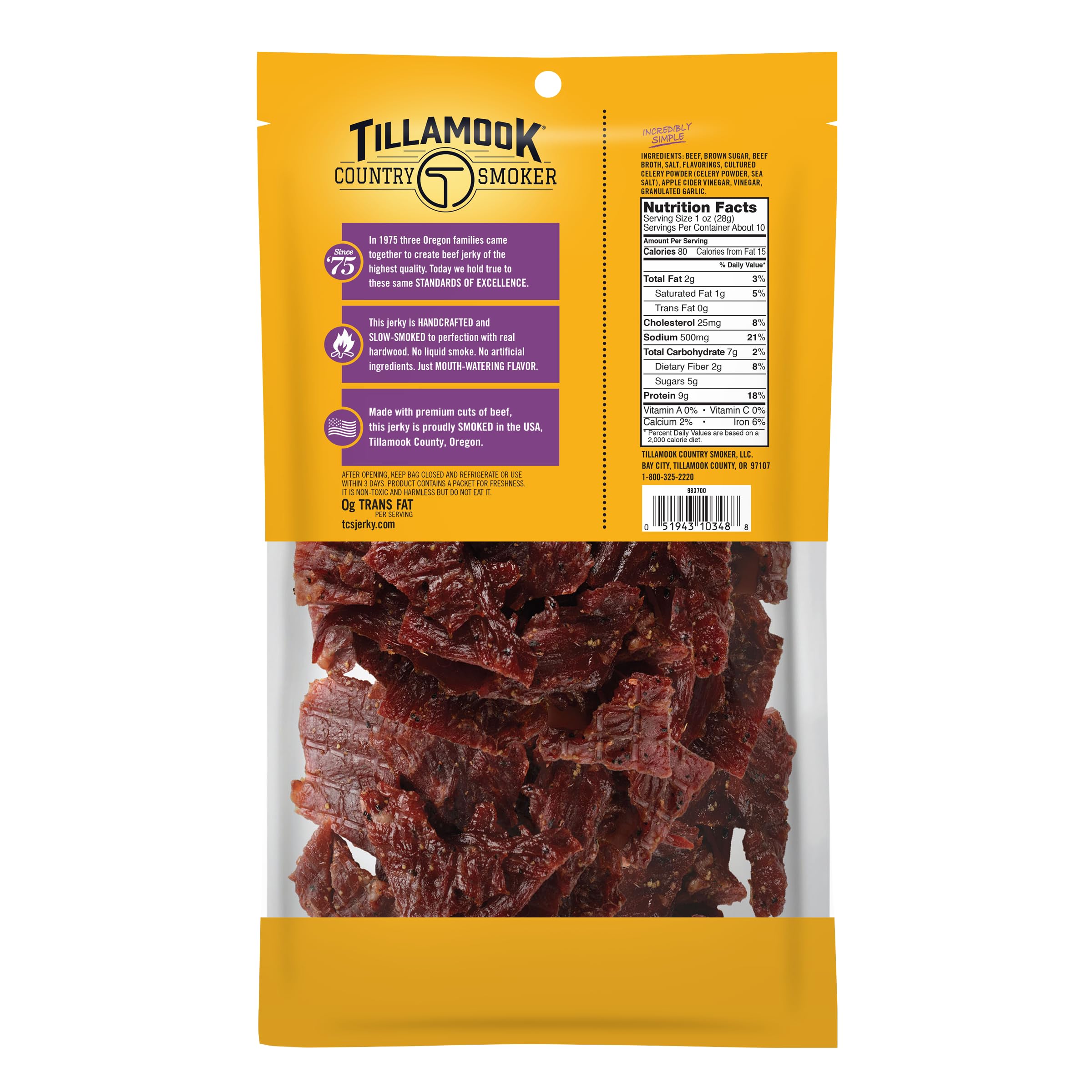 Tillamook Country Smoker beef jerky close-up shows crushed red pepper seasoning and kick