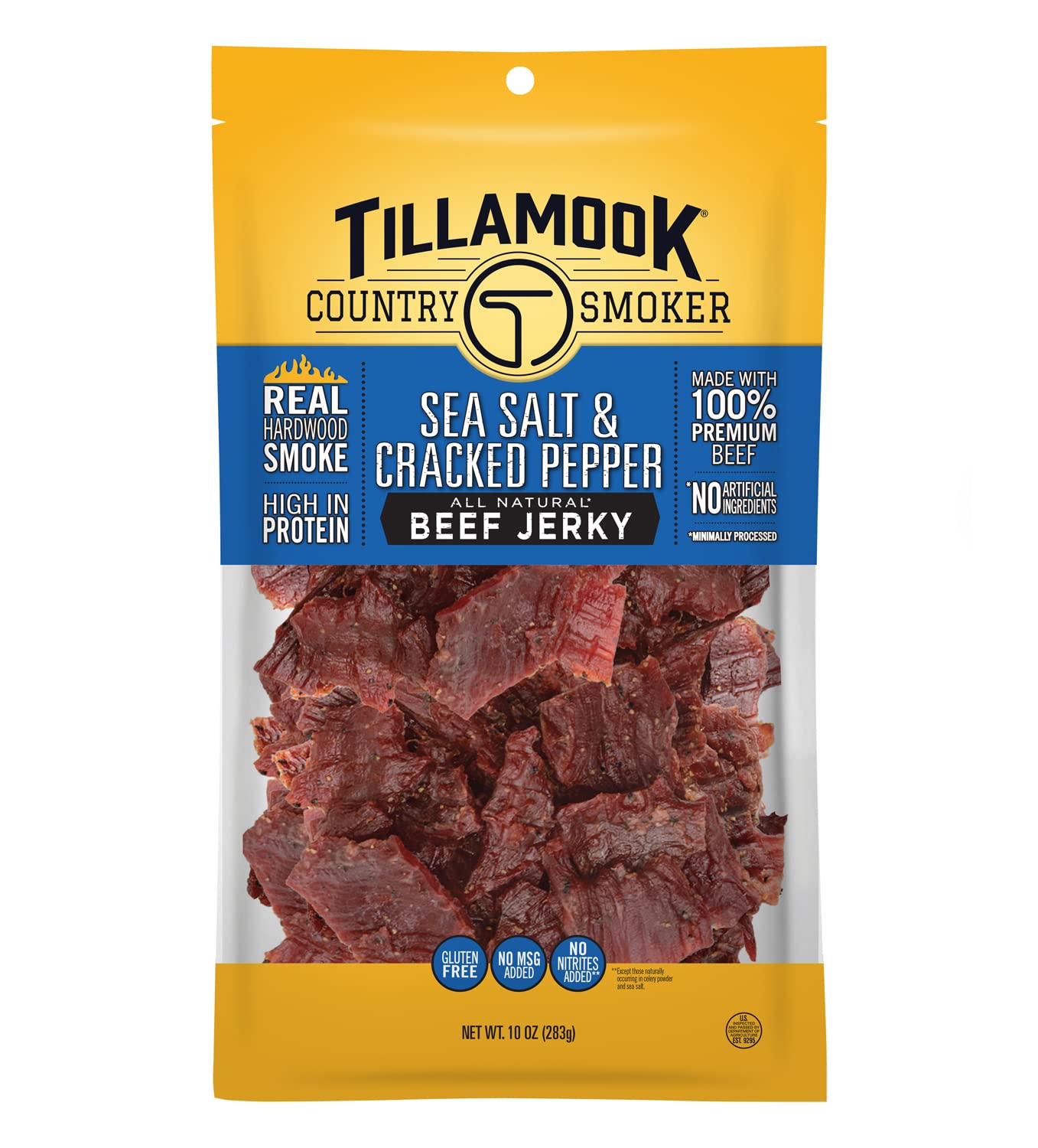 Tillamook Country Smoker beef jerky sea salt cracked pepper bag shows premium on-the-go snack