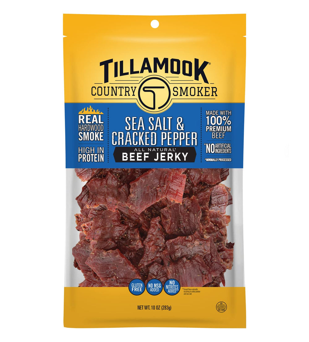 Tillamook Country Smoker beef jerky sea salt cracked pepper bag shows premium on-the-go snack