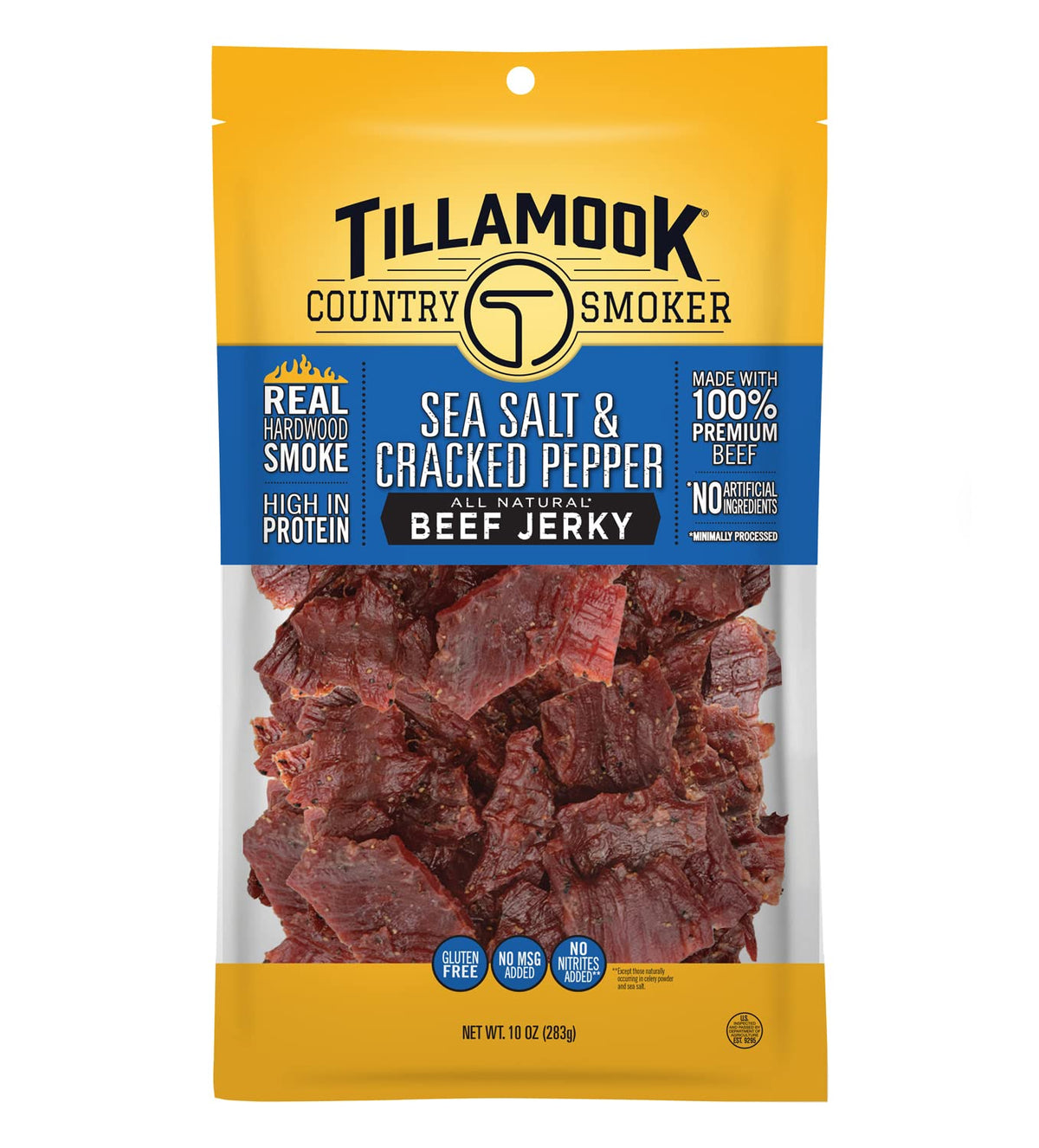Tillamook Country Smoker beef jerky sea salt cracked pepper bag shows premium on-the-go snack