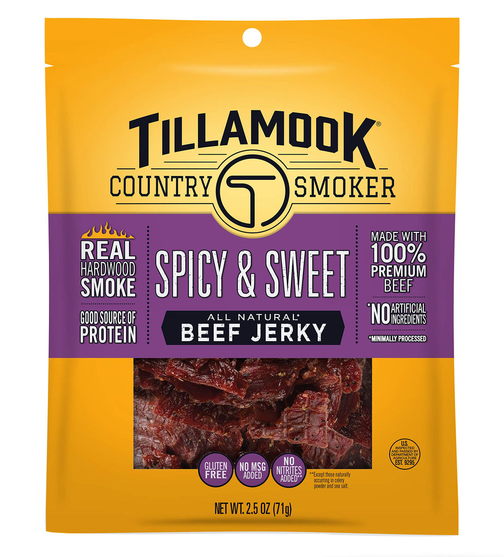 Tillamook Country Smoker beef jerky in 2.5oz bag, spicy-sweet flavor, protein-rich snack.