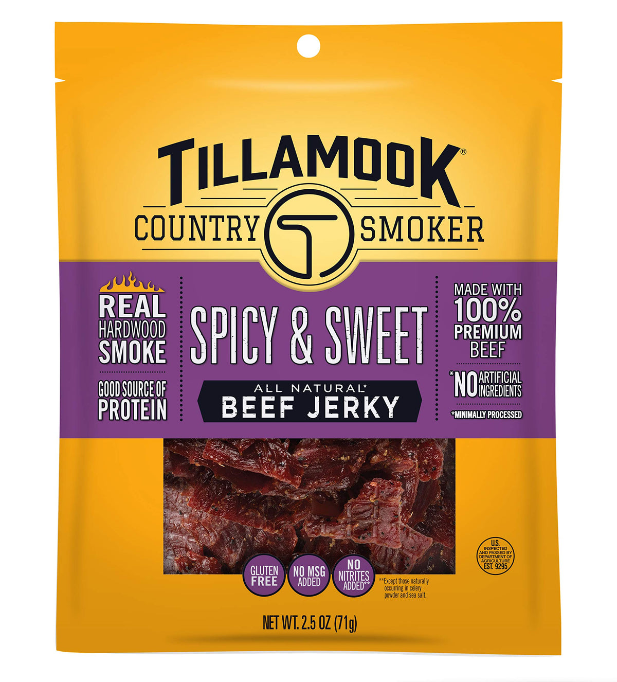 Tillamook Country Smoker beef jerky in 2.5oz bag, spicy-sweet flavor, protein-rich snack.