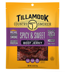 Tillamook Country Smoker beef jerky in 2.5oz bag, spicy-sweet flavor, protein-rich snack.
