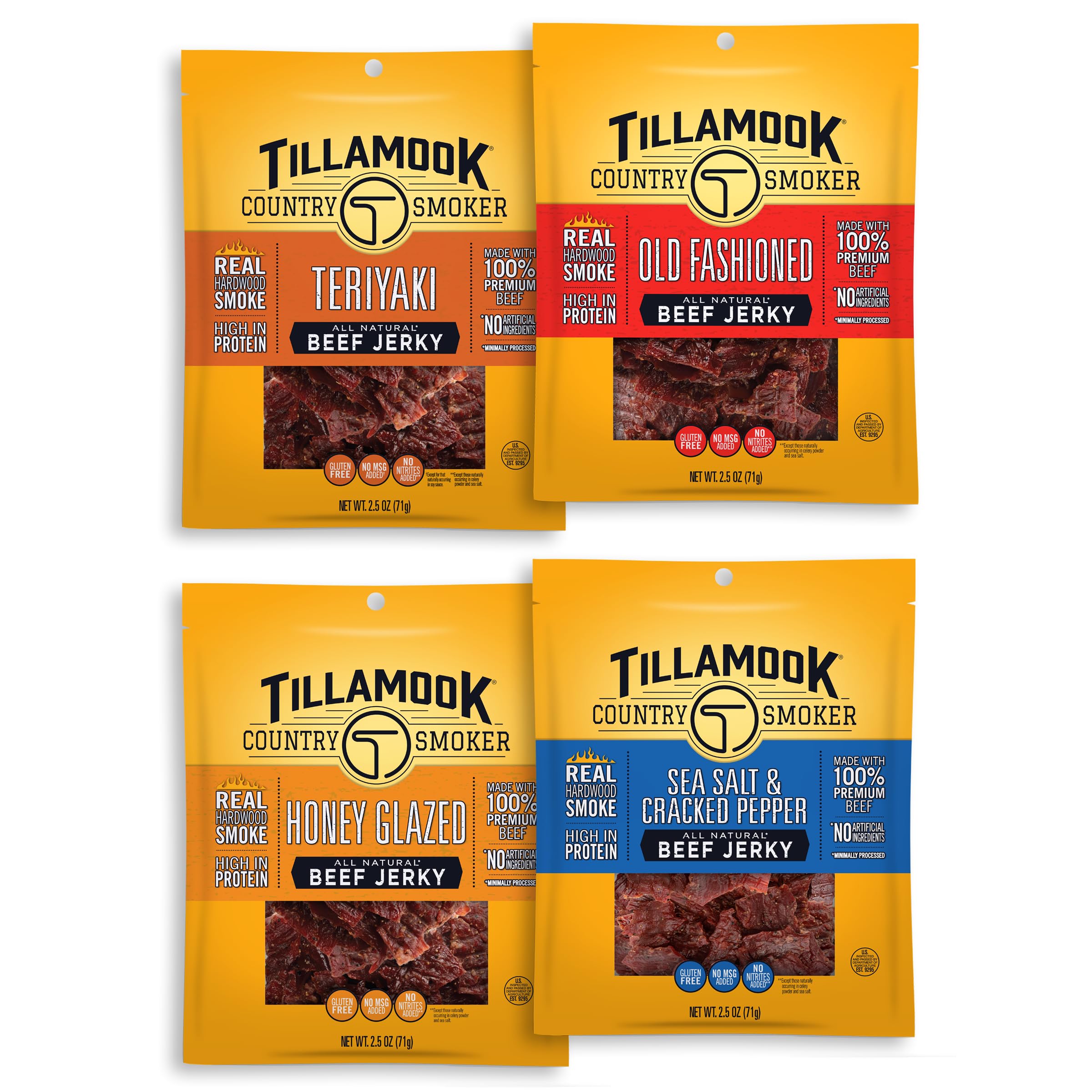 Tillamook Country Smoker beef jerky variety pack front bag for convenient protein on the go.
