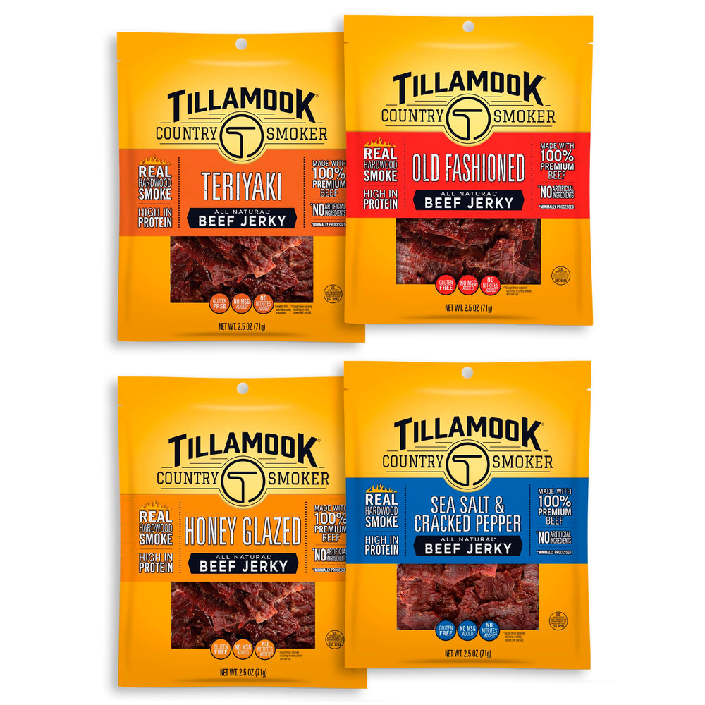 Tillamook Country Smoker beef jerky variety pack front bag for convenient protein on the go.