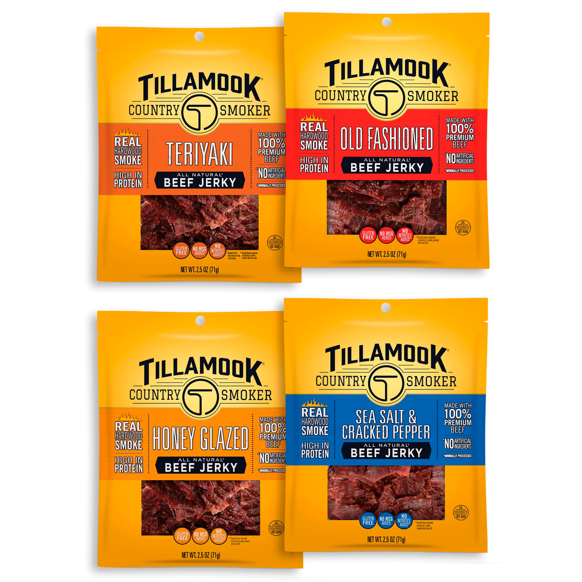 Tillamook Country Smoker beef jerky variety pack front bag for convenient protein on the go.
