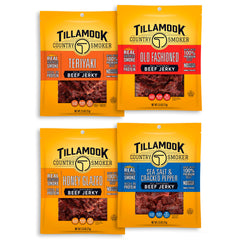 Tillamook Country Smoker beef jerky variety pack front bag for convenient protein on the go.