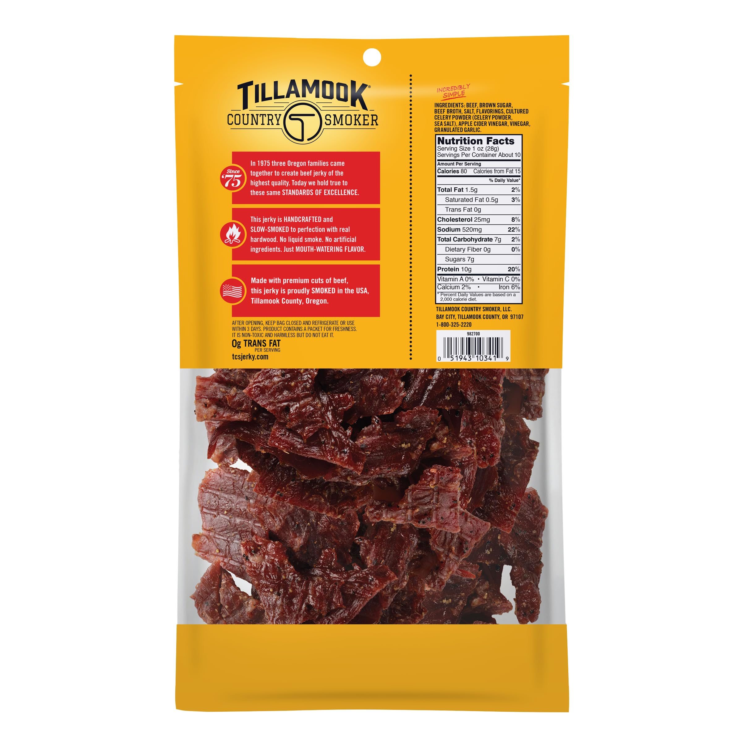 Tillamook Country Smoker Gluten-free jerky with simple ingredients.