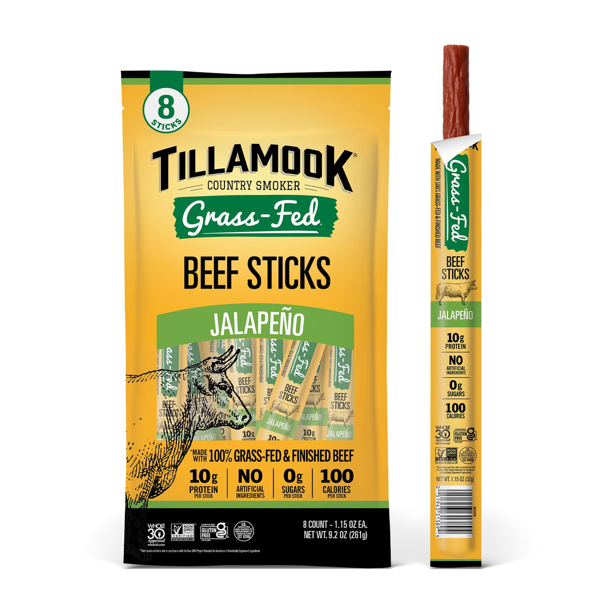 Tillamook Country Smoker jalapeño beef stick, 10g protein and 100 calories, on-the-go snack.