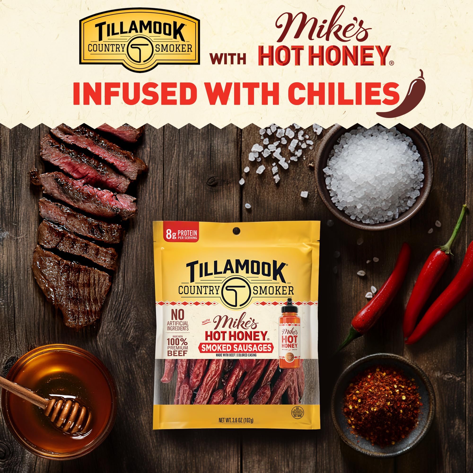 Tillamook Country Smoker hardwood smoke aroma enhances beef sausage