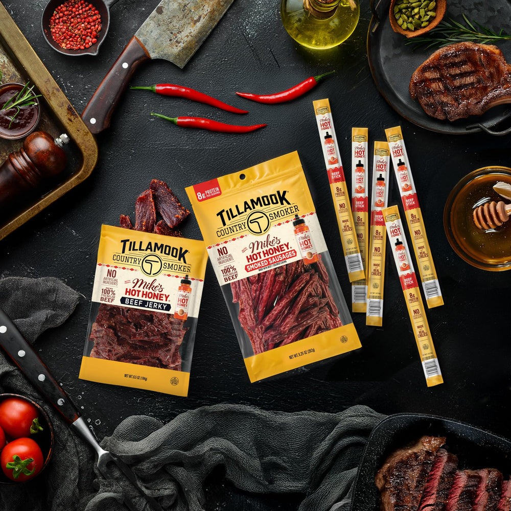 Tillamook Country Smoker hardwood smoked beef sausage closeup with savory notes.