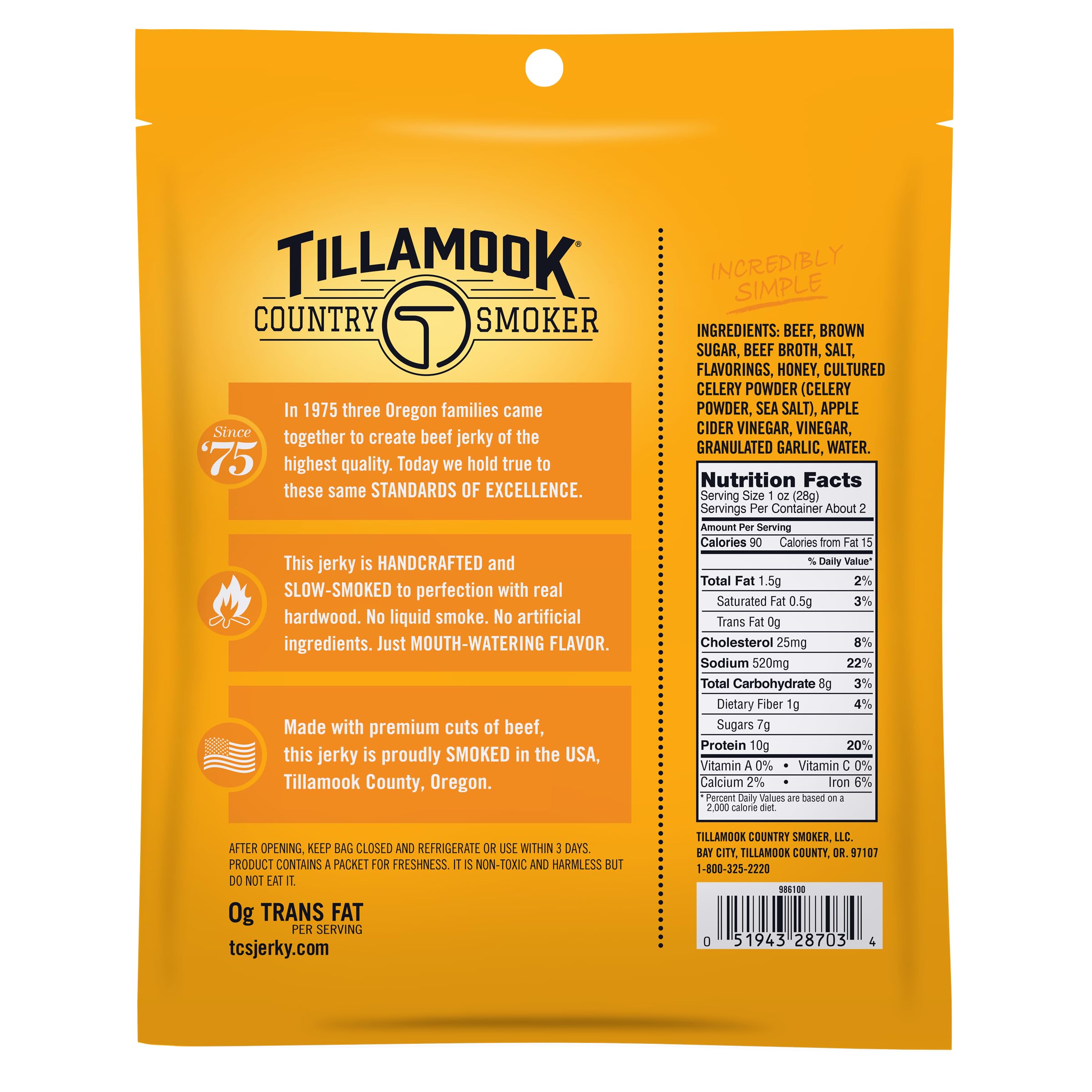 Tillamook Country Smoker honey glazed jerky closeup emphasizing real hardwood smoke flavor and premium beef.
