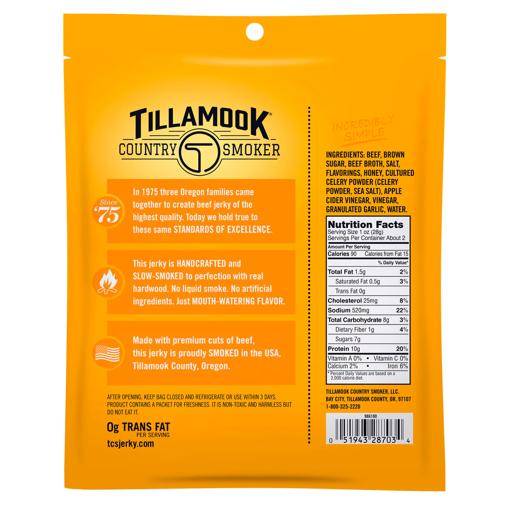 Tillamook Country Smoker honey glazed jerky closeup emphasizing real hardwood smoke flavor and premium beef.