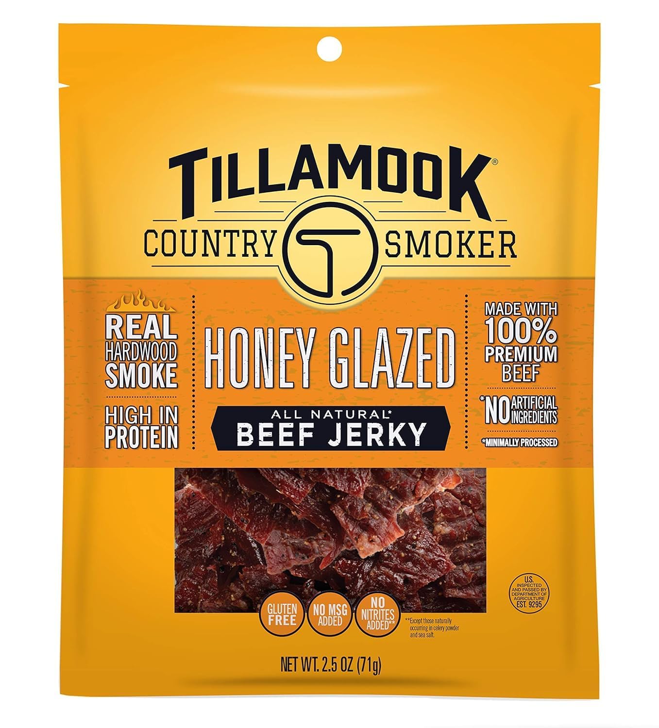 Tillamook Country Smoker honey glazed jerky packshot highlighting convenient resealable pouch for on-the-go snacking.