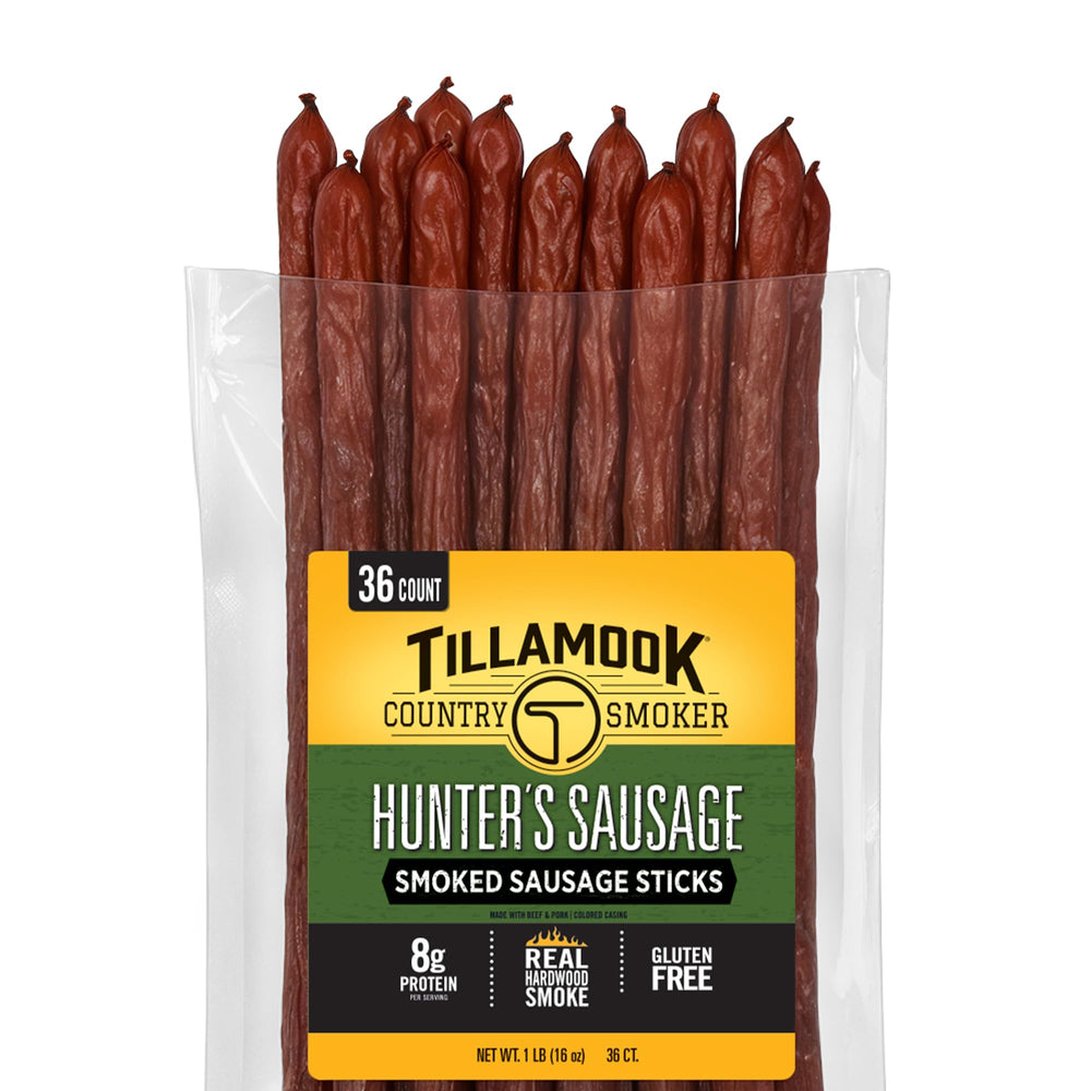 Tillamook Hunter's Sausage bulk pack front, ideal for bulk snacking and keto-friendly meals.