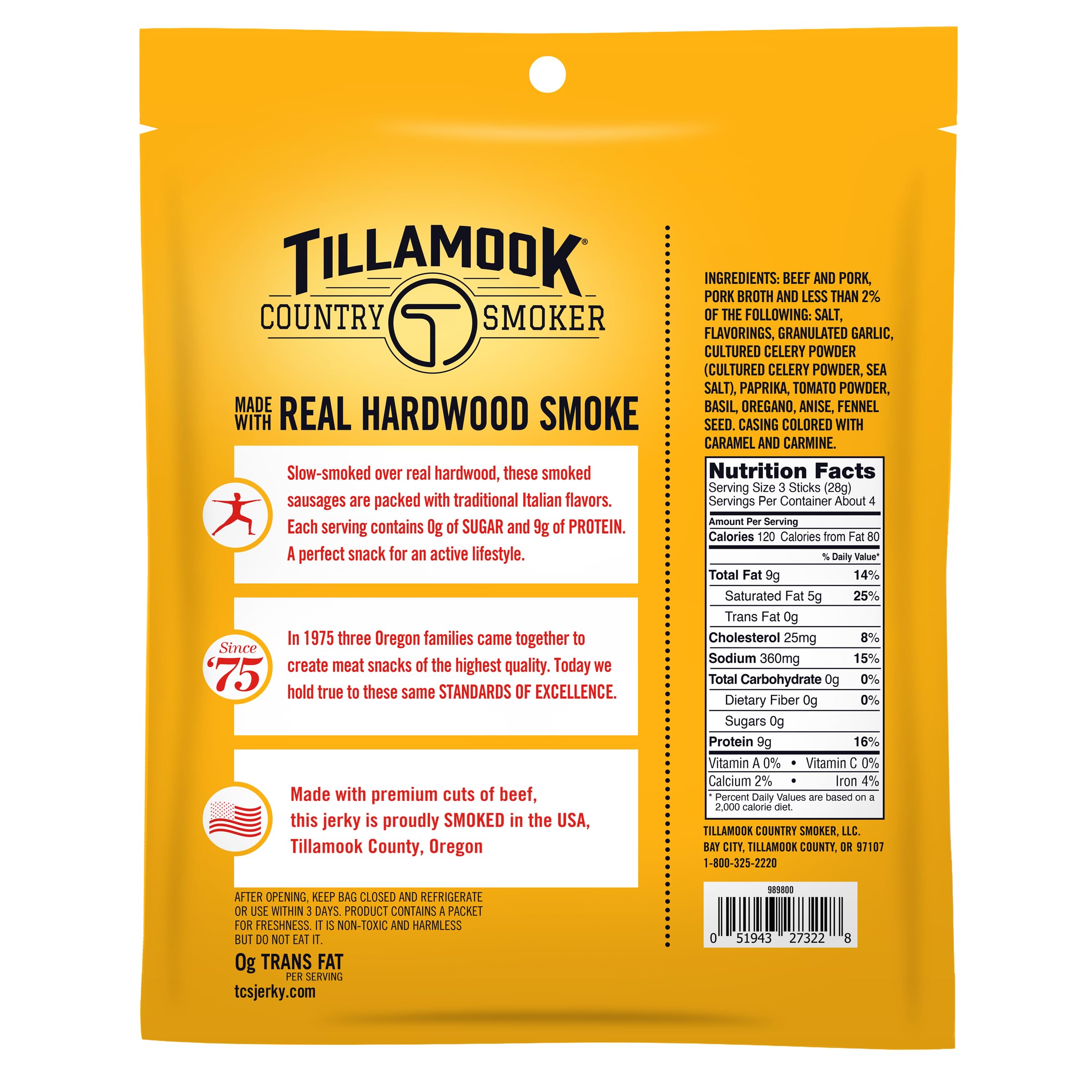 Tillamook Country Smoker Italian Sausage zero sugar closeup; perfect on-the-go protein.