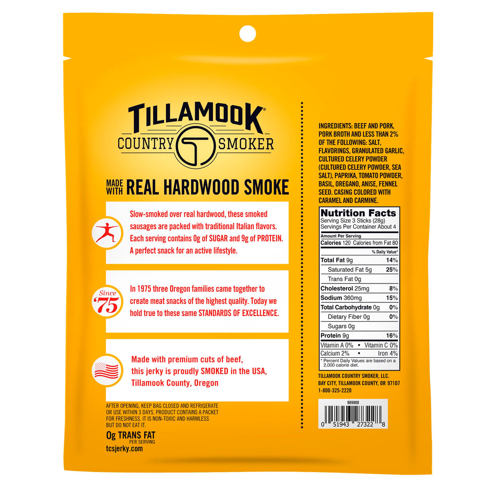 Tillamook Country Smoker Italian Sausage zero sugar closeup; perfect on-the-go protein.