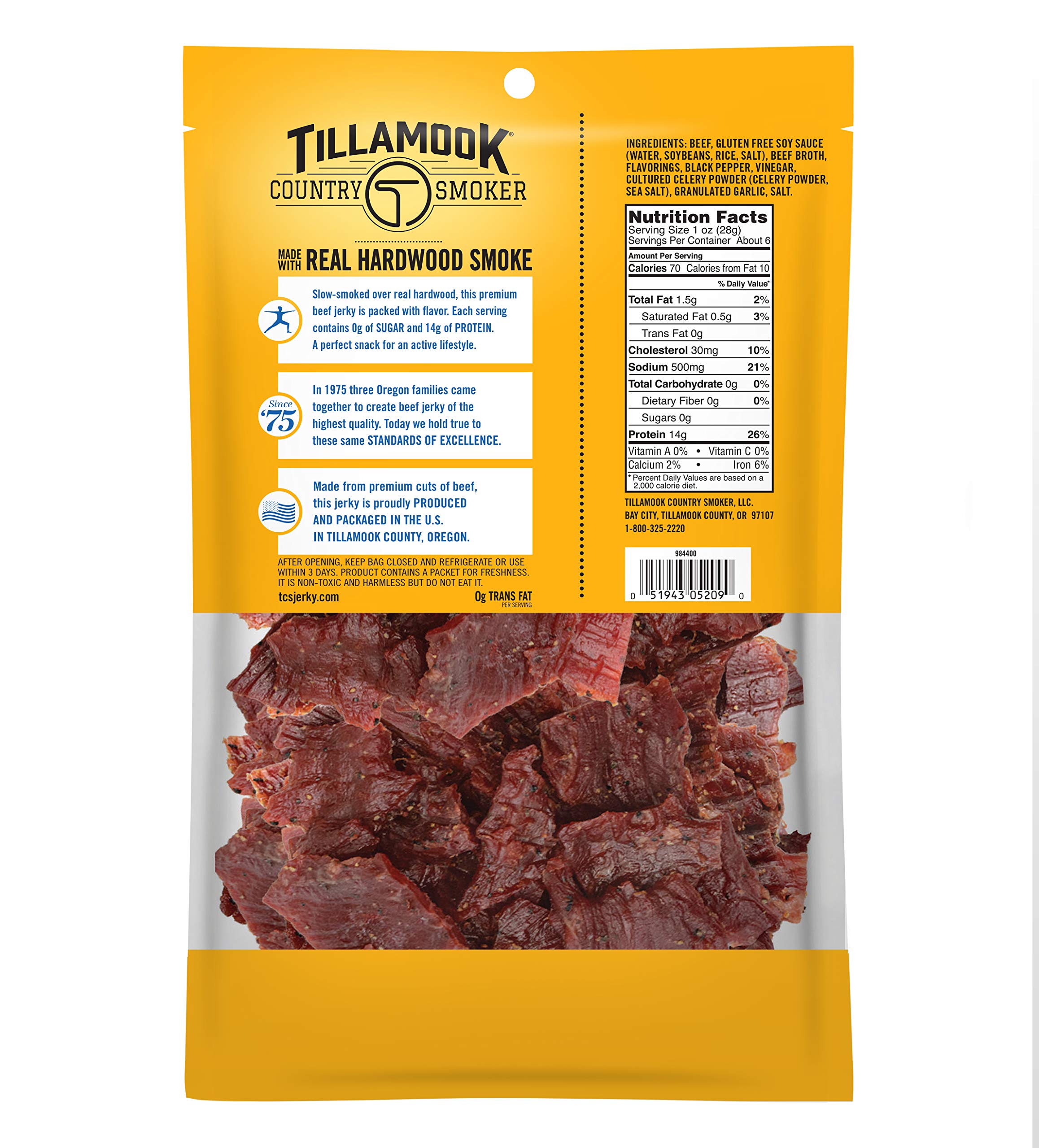 Tillamook Country Smoker keto beef jerky black pepper close-up highlights protein-rich bites.