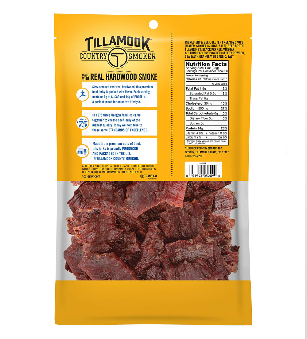 Tillamook Country Smoker keto beef jerky black pepper close-up highlights protein-rich bites.