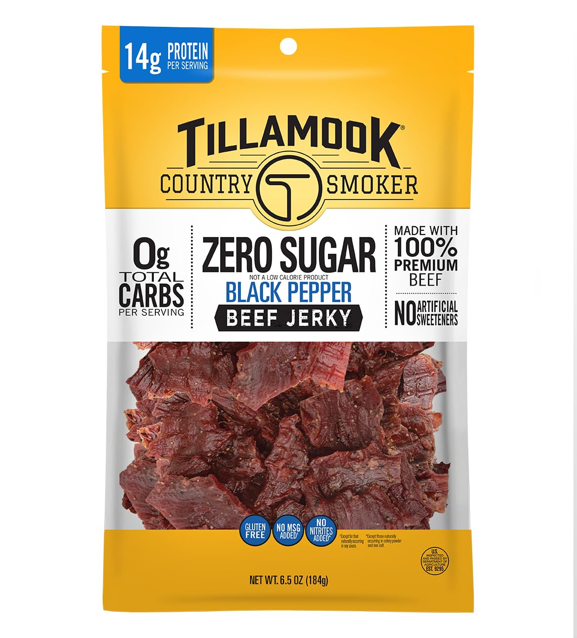Tillamook Country Smoker keto beef jerky black pepper packaging shows zero sugar, ideal for on-the-go snacking.
