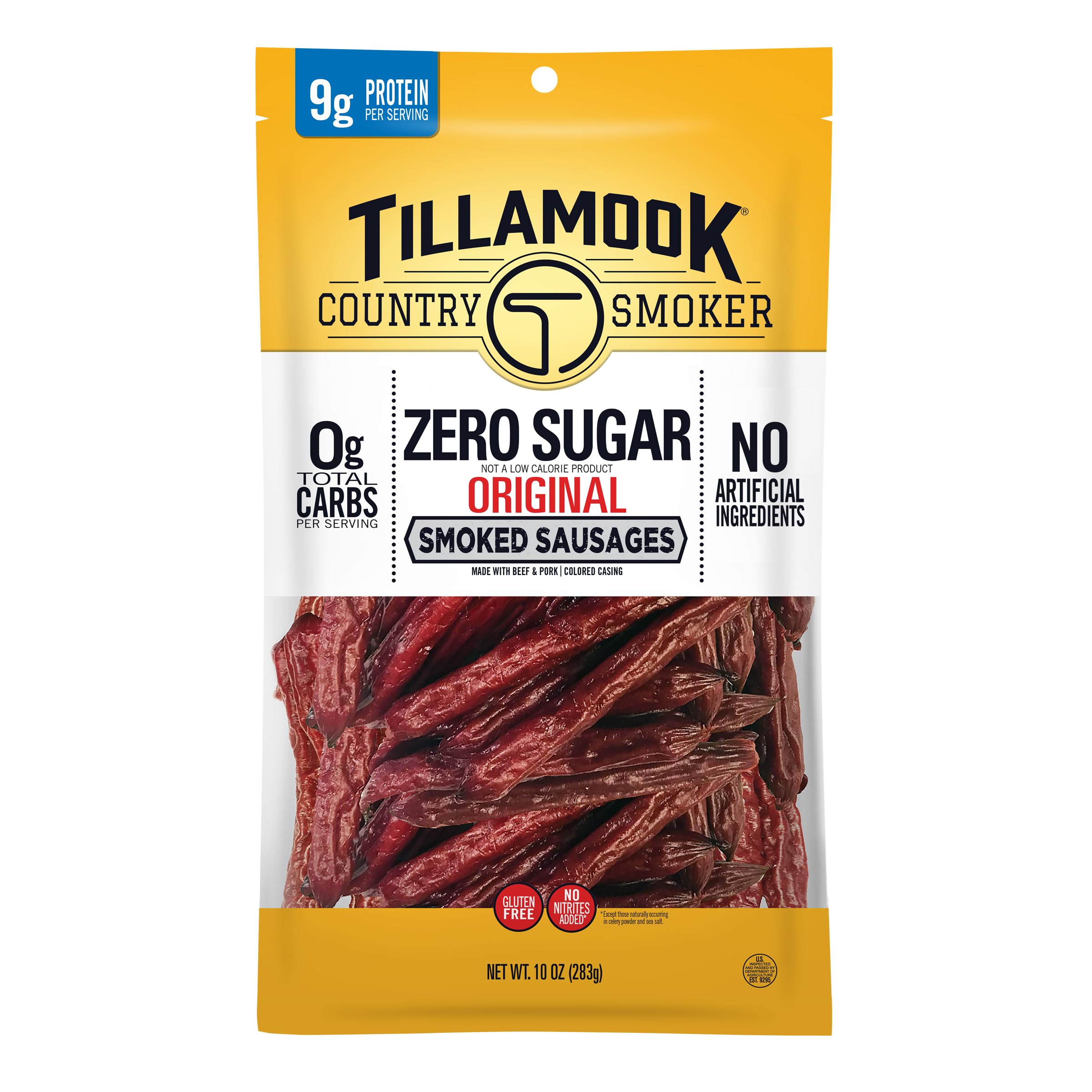 Tillamook Country Smoker keto zero sugar original sausages pack, ideal pantry snack