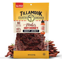 Tillamook Mike's Hot Honey beef jerky packaging on shelf showcases premium quality