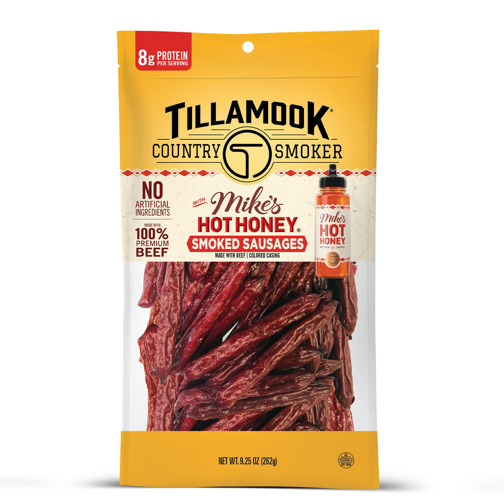 Tillamook Country Smoker Mike's Hot Honey beef sausage pack; ready-to-eat protein snack.
