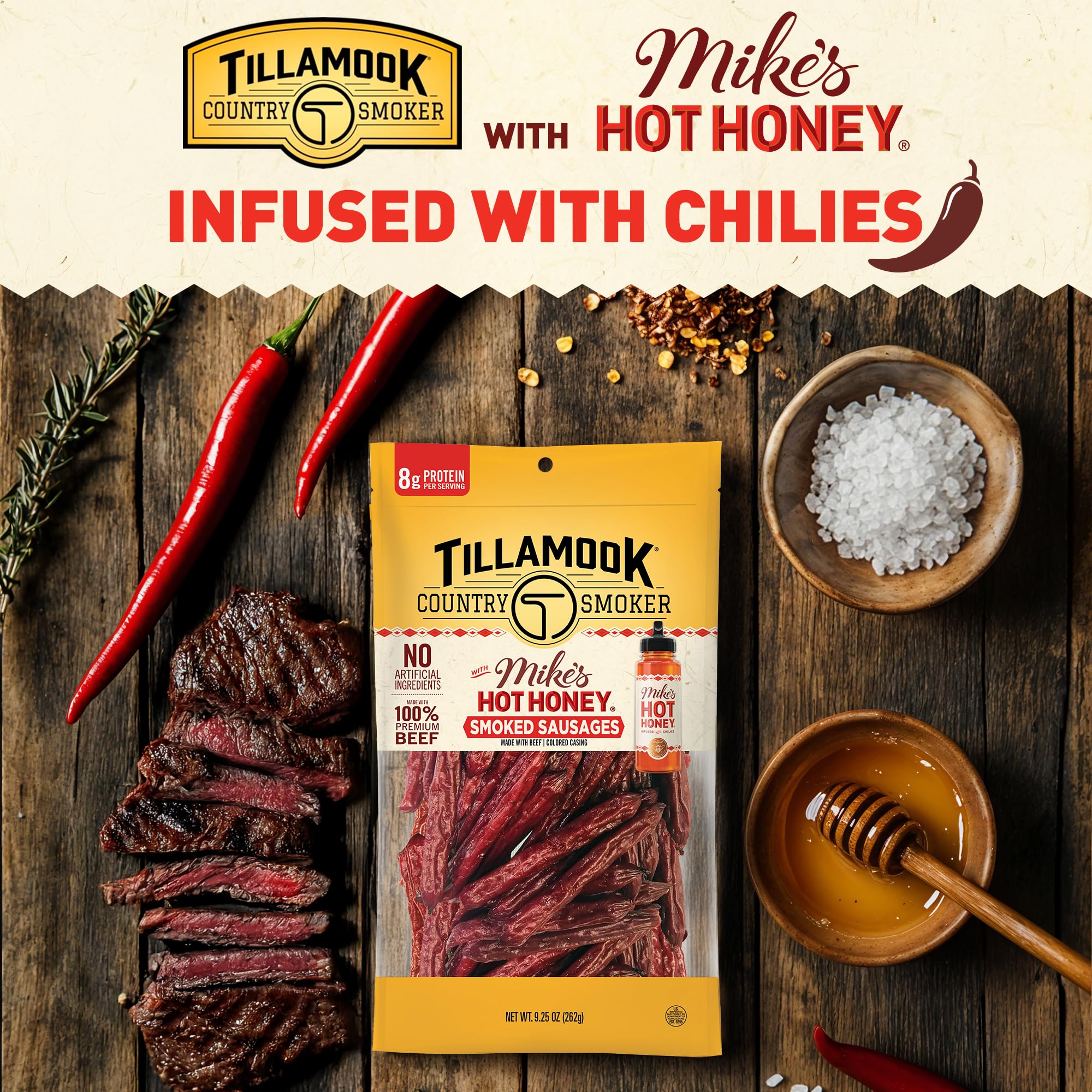 Tillamook Country Smoker Mike's Hot Honey sausage sticks plated for on-the-go snacking.