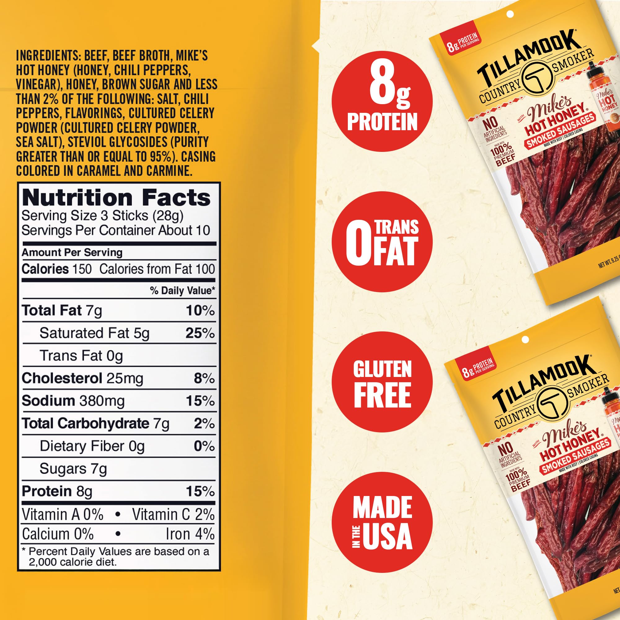 Mike's Hot Honey beef sausage slice shows bold sweet-heat flavor.