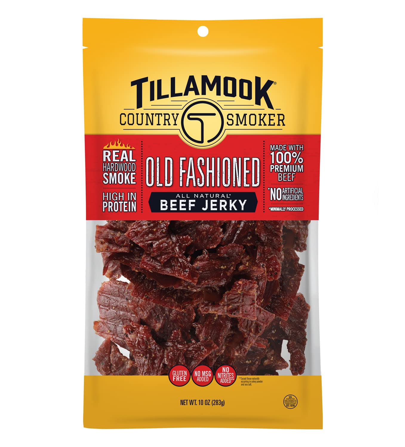 Tillamook Country Smoker Old Fashioned beef jerky 10 oz pack, hardwood smoked.